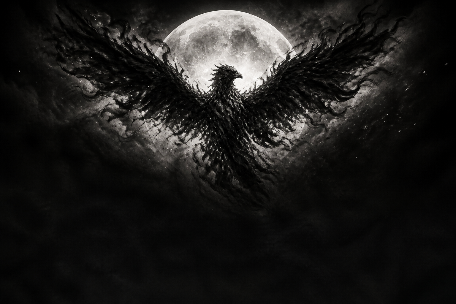 A kestrel formed from black flame, rising against a full moon